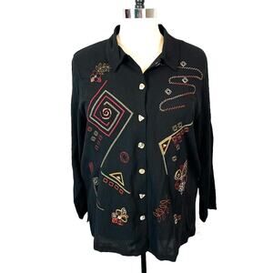 Koret Vintage Shirt Jacket Crinkle Embroidered Plus Size 20 Black Geo Floral NWT